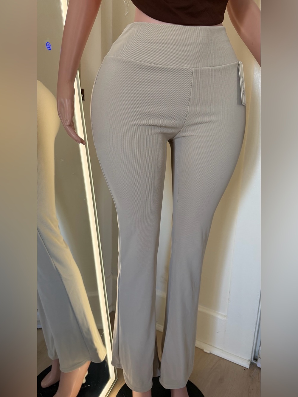 Stretch Ribbed Flare Pants - Taupe
